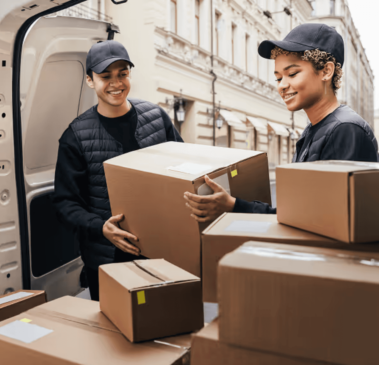Couriers loading parcels for delivery